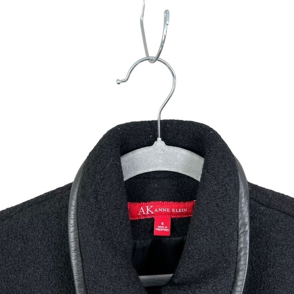 AK Anne Klein Wool Coat Jacket Women Leather Trim Lined 5 Button Pockets Black 8 - Picture 3 of 5